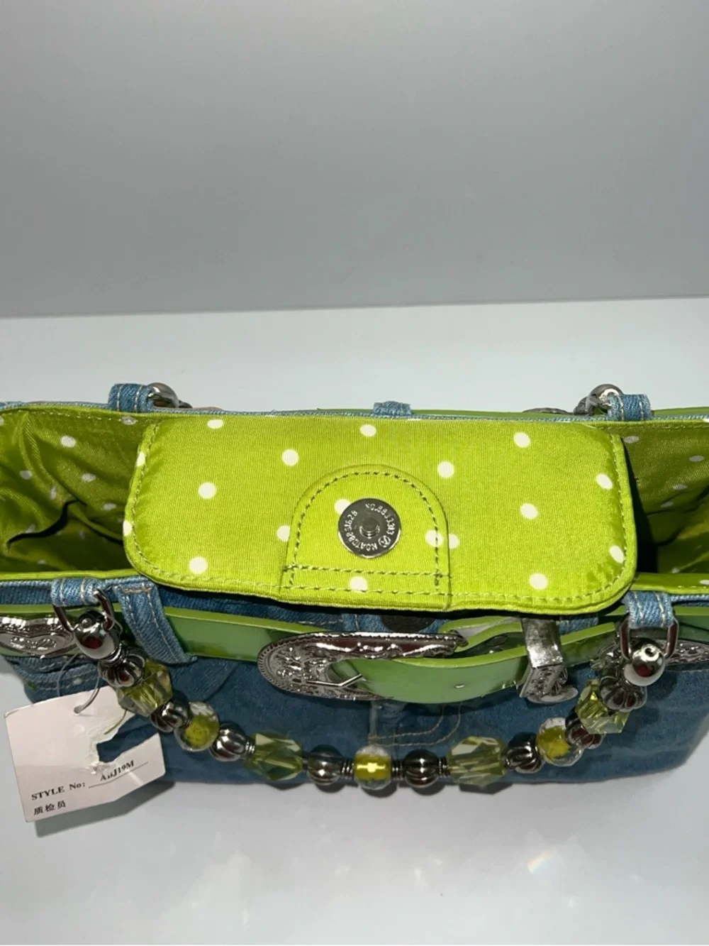 NWT MINGHAOS Denim Bag With Lime Green Belt and Beaded Handles - Picture 9 of 14